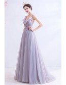 Light Purple Long Tulle Vneck Prom Dress With Beadings