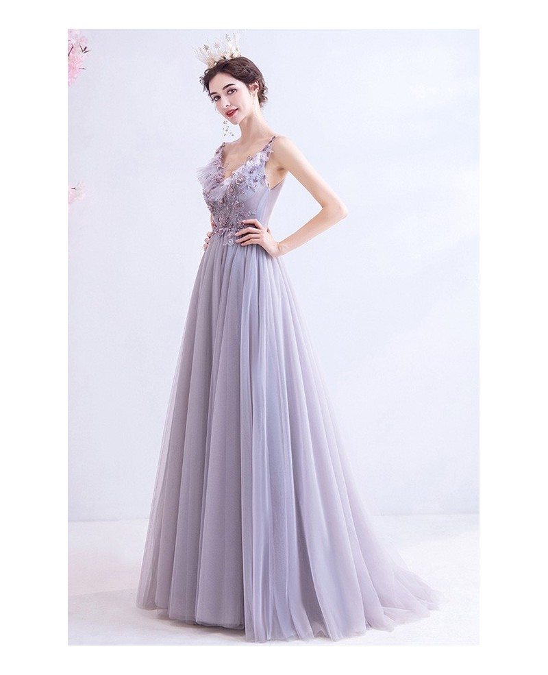 Light Purple Long Tulle Vneck Prom Dress With Beadings Wholesale # ...