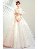 Romantic Cream White Flower Petals Ballgown Wedding Dress With Illusion Neck