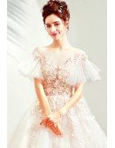 Romantic Cream White Flower Petals Ballgown Wedding Dress With Illusion Neck