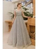 Elegant Silver Sequins Vneck Long Prom Evening Dress Empire Waist