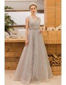 Elegant Silver Sequins Vneck Long Prom Evening Dress Empire Waist