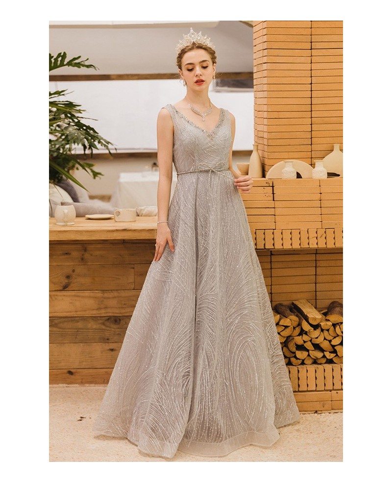 Elegant Silver Sequins Vneck Long Prom Evening Dress