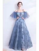 Blue Long Tulle Flower Pattern Beautiful Prom Dress With Tulle Sleeves