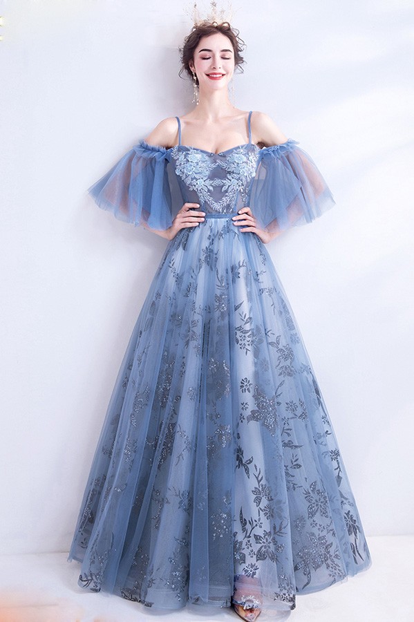 Blue Long Tulle Flower Pattern Beautiful Prom Dress With Tulle Sleeves ...