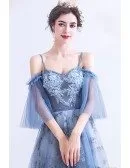 Blue Long Tulle Flower Pattern Beautiful Prom Dress With Tulle Sleeves