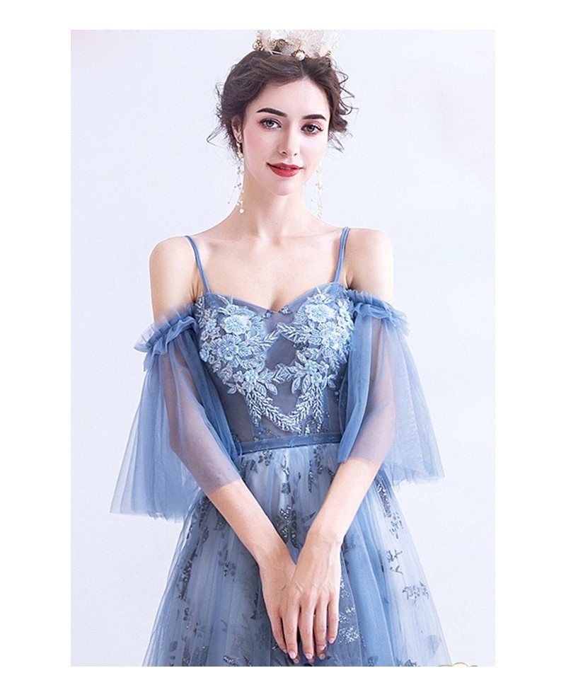 Blue Long Tulle Flower Pattern Beautiful Prom Dress With Tulle Sleeves ...