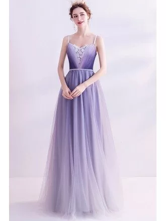Lilac Purple Ombre Flowy Prom Dress Tulle With Spaghetti Straps