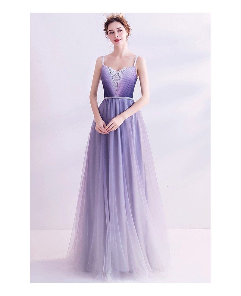 Lilac Purple Ombre Flowy Prom Dress Tulle With Spaghetti Straps Wholesale T76083