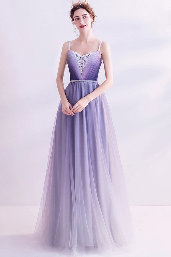 Lilac Purple Ombre Flowy Prom Dress Tulle With Spaghetti Straps ...