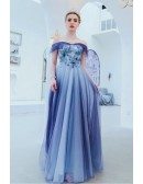 Ocean Blue Flowy Off Shoulder Prom Dress Long Tulle With Sequins