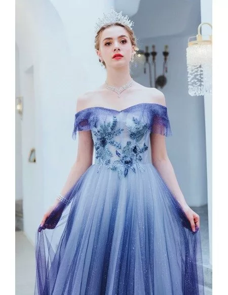 Ocean Blue Flowy Off Shoulder Prom Dress Long Tulle With Sequins