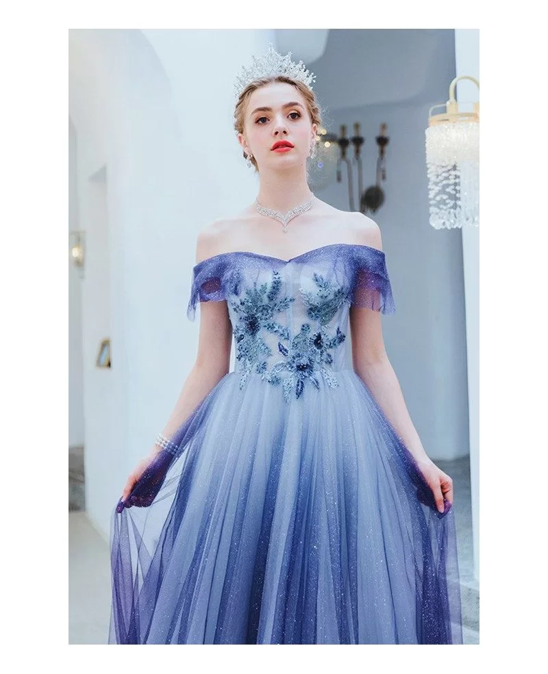 Ocean Blue Flowy Off Shoulder Prom Dress Long Tulle With