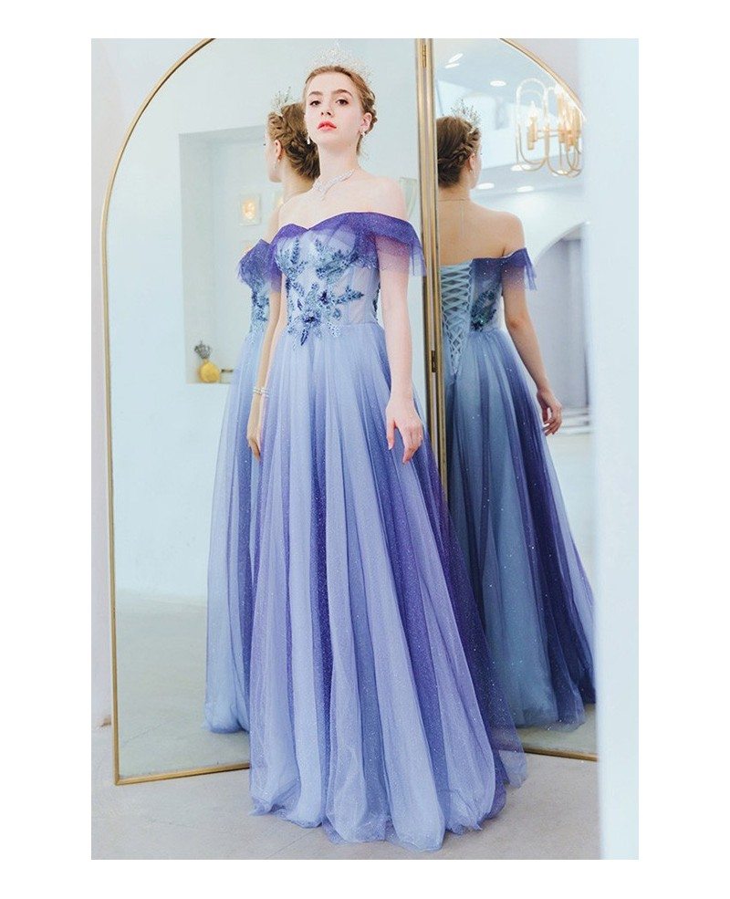 Ocean Blue Flowy Off Shoulder Prom Dress Long Tulle With