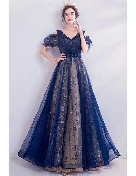 Blue Tulle Vneck Long Prom Dress Cold Shoulder With Sparkly Materials