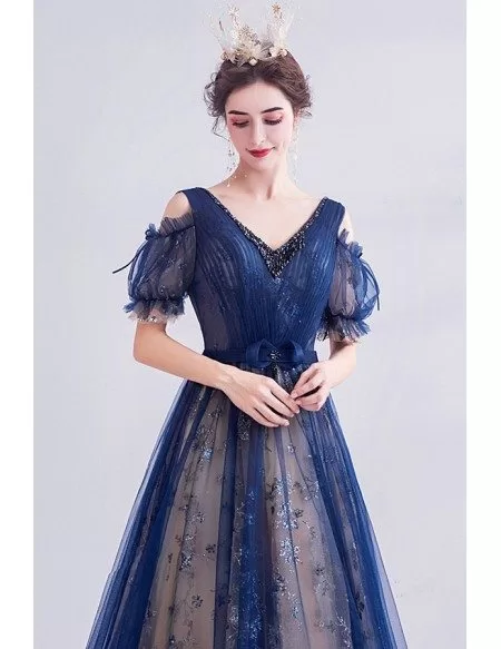 Blue Tulle Vneck Long Prom Dress Cold Shoulder With Sparkly Materials