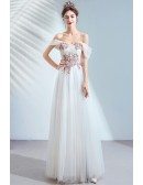 Cream White Off Shoulder Tulle Prom Dress With Flower Appliques