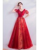 Vneck Long Red Party Prom Dress With Sparkly Sequins Beading