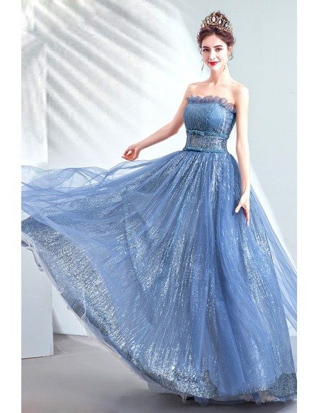 Shinning Blue Sequins Strapless Prom Dress For Party