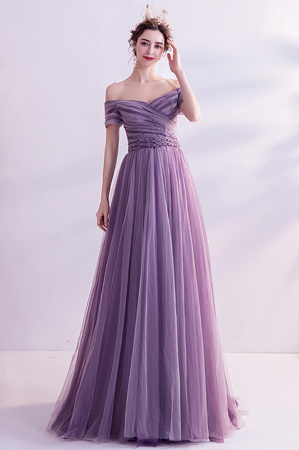 Gorgeous Pleated Purple Tulle Prom Dress Long With Sequins Wholesale # ...