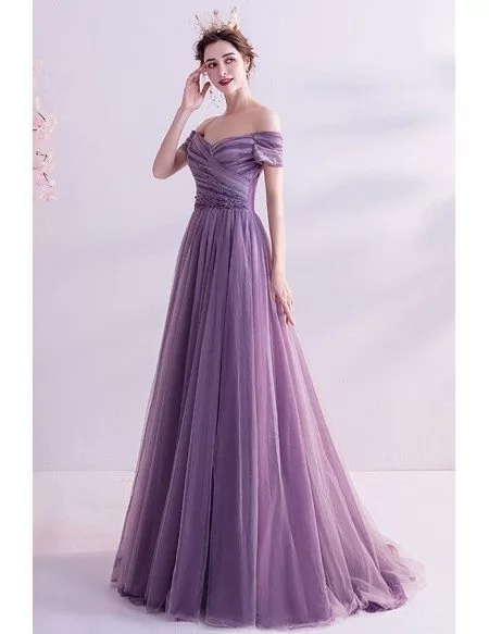 Gorgeous Pleated Purple Tulle Prom Dress Long With Sequins