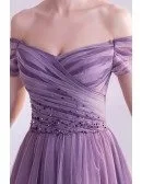Gorgeous Pleated Purple Tulle Prom Dress Long With Sequins