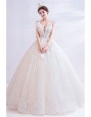 Stunning Ballgown Cream White Lace Ballgown Wedding Dress With Bling Vneck