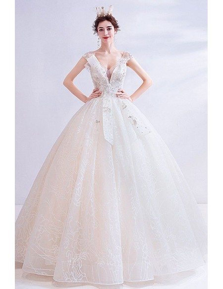 Stunning Ballgown Cream White Lace Ballgown Wedding Dress With Bling Vneck