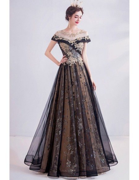 Noble Black With Gold Long Tulle Prom Dress With Illusion Neckline