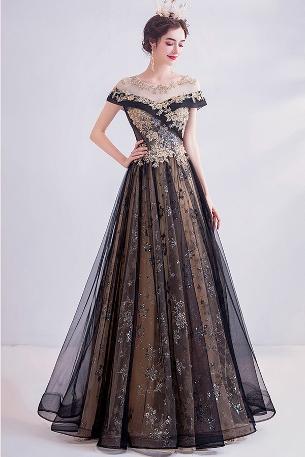 Noble Black With Gold Long Tulle Prom Dress With Illusion Neckline ...