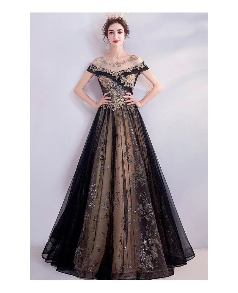 Noble Black With Gold Long Tulle Prom Dress With Illusion Neckline ...