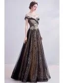Noble Black With Gold Long Tulle Prom Dress With Illusion Neckline