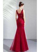 Fitted Mermaid Burgundy Lace Evening Prom Dress Vneck Sleeveless