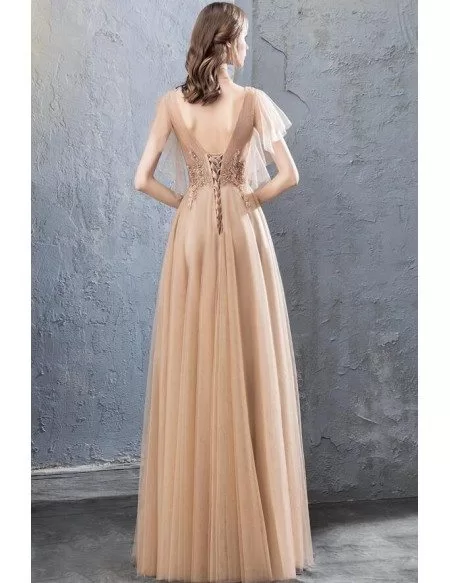 Gorgeous Champagne Long Aline Prom Dress With Tulle Puffy Sleeves