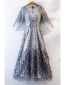 Unique Sparkly Silver Long Party Dress With Long Sleeves