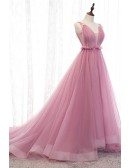 Stunning Vneck Ballgown Rose Pink Tulle Prom Dress With Open Back