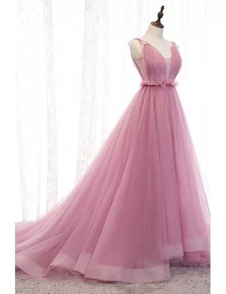 stunning vneck ballgown rose pink tulle prom dress with open back # ...