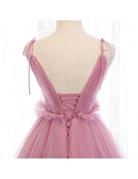 Stunning Vneck Ballgown Rose Pink Tulle Prom Dress With Open Back