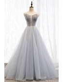 Fancy Grey Tulle Ballgown Prom Dress With Sequins Top
