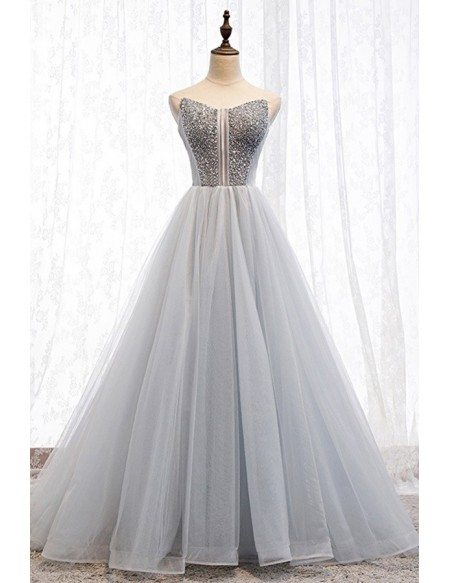 Fancy Grey Tulle Ballgown Prom Dress With Sequins Top