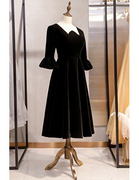 Vintage Black Tea Length Party Dress Velvet With Sleeves