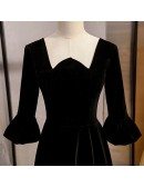 Vintage Black Tea Length Party Dress Velvet With Sleeves