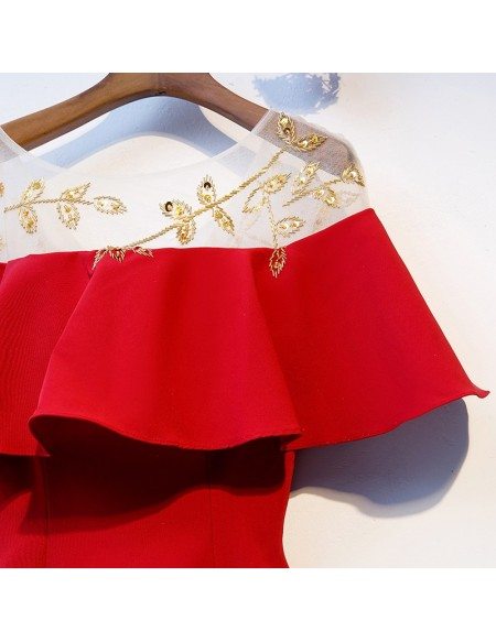 Little Red Aline Simple Short Party Dress With Ruffles Sleeves