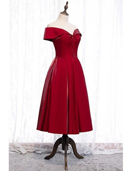 Special Cute Red Off Shoulder Tea Length Formal Dress With Buttons