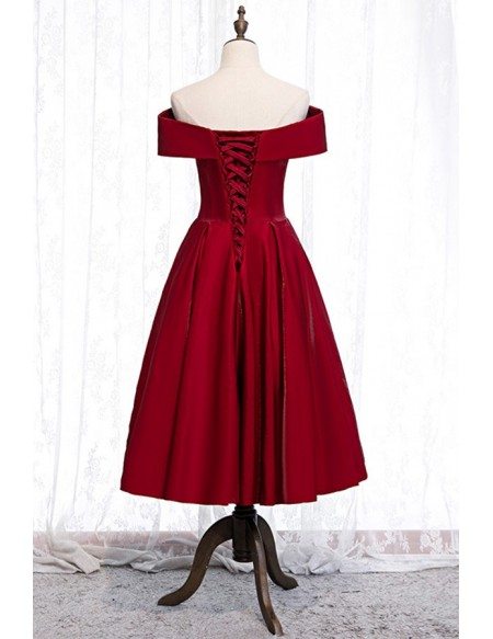 special cute red off shoulder tea length formal dress with buttons # ...