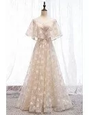Beaded Champagne Lace Aline Prom Dress With Cape