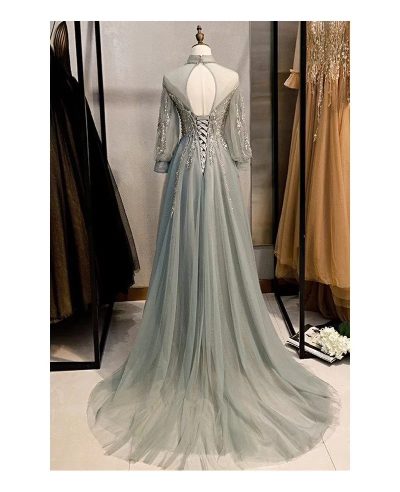 unique appliques grey tulle long prom dress with collar #MYX78049 ...