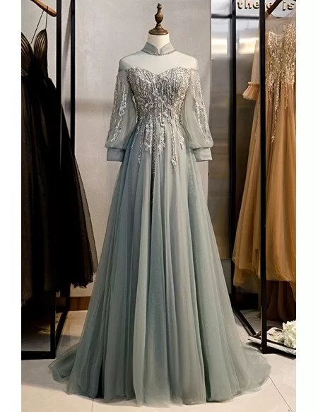 unique appliques grey tulle long prom dress with collar #MYX78049 ...