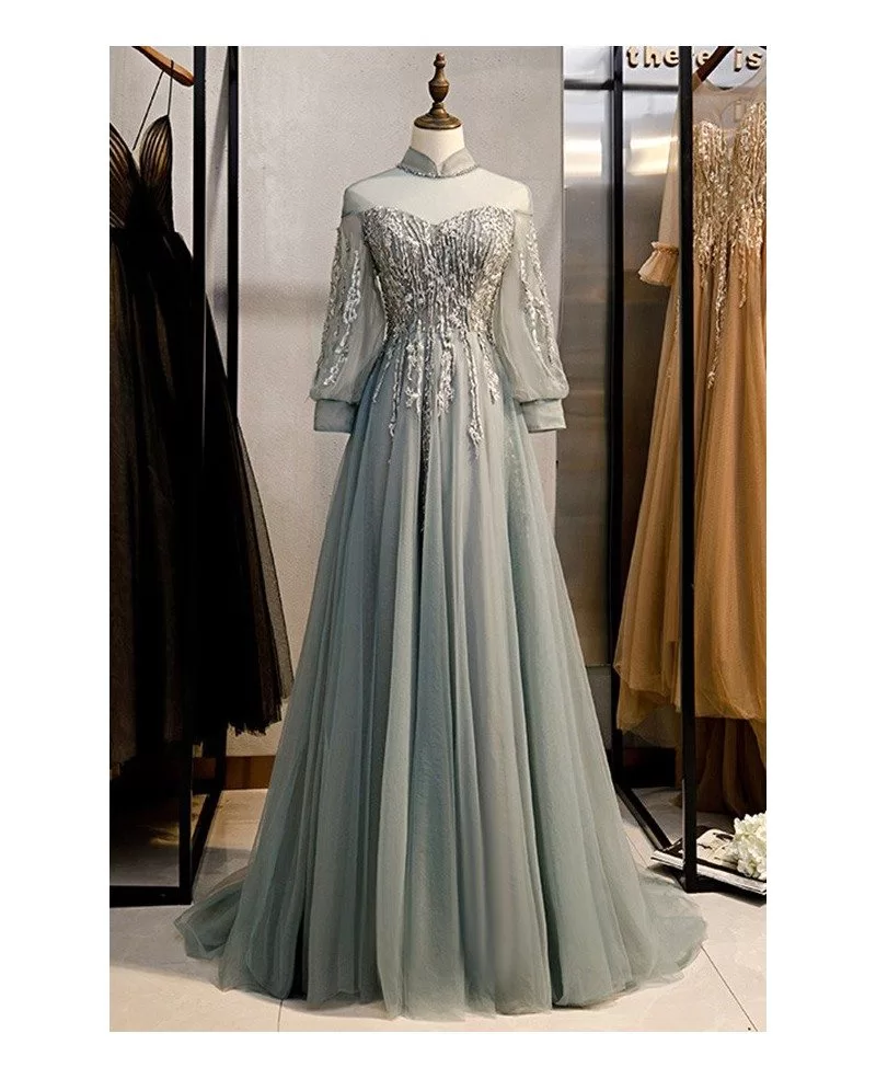 Unique Appliques Grey Tulle Long Prom Dress With Collar #myx78049 