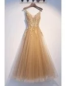 Champagne Gold Aline Tulle Prom Dress With Straps